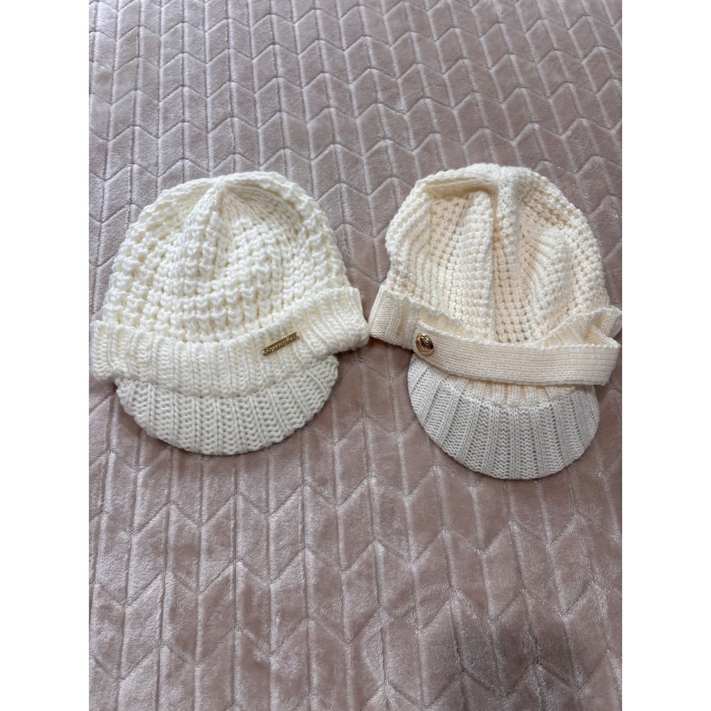 Michael Kors Cream Knit Newsboy Hat Set of 2 Gold Logo Accent Brimmed Caps